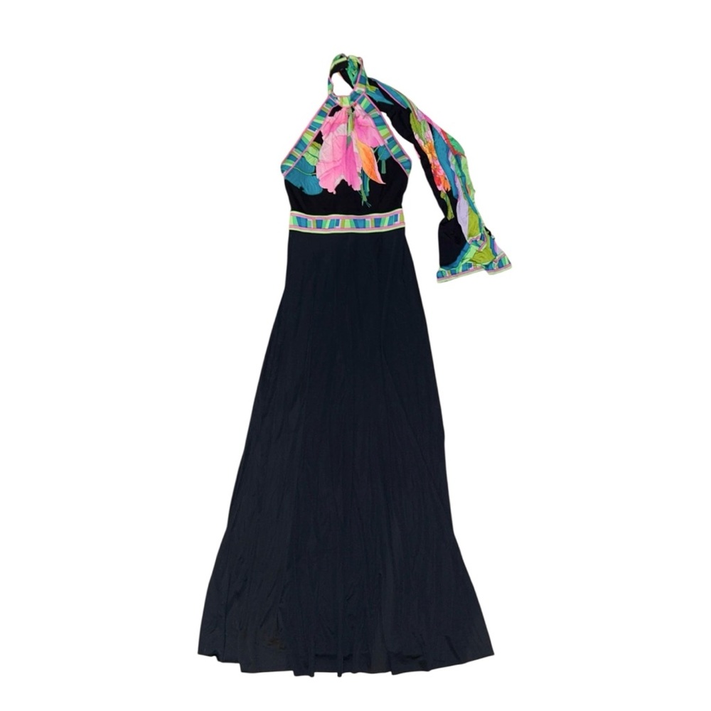 Leonard Paris Vintage 1970s‎ Black Floral Neck Tie Halter Maxi Dress Size XS